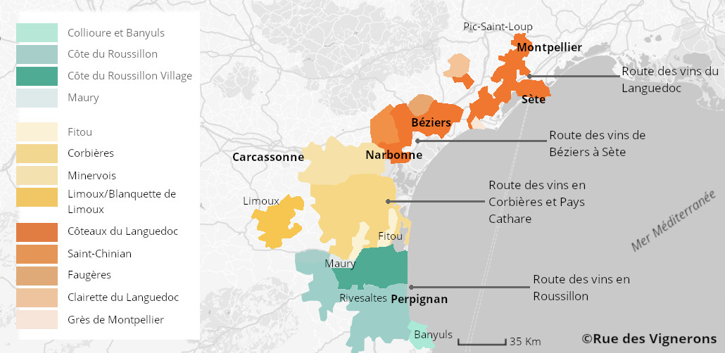 Carte du vignoble du Languedoc Roussillon Appellations languedoc roussillon, languedoc roussillon, vignoble languedoc roussillon, carte route des vins languedoc roussillon, itinéraire languedoc roussillon route des vins