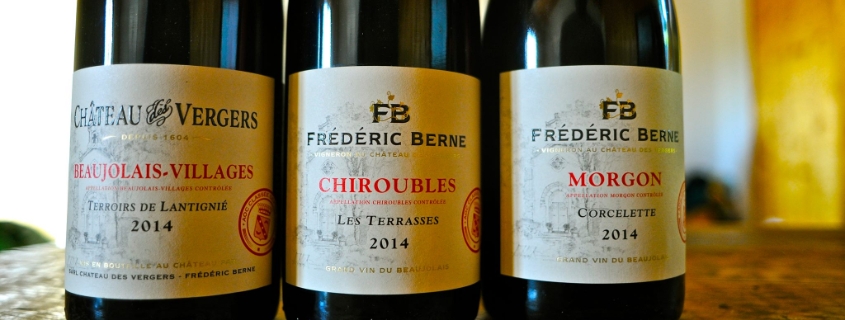 Bouteille de Morgon, Chiroubles, Beaujolais Villages, dans le vignoble du Beaujolais